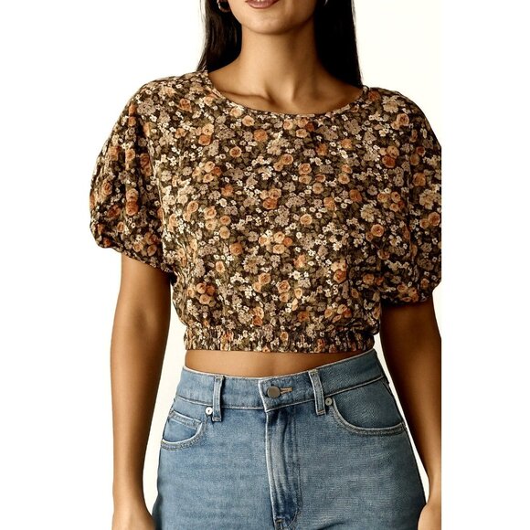 MVN The Label Cropped Floral Elastic Short Sleeve Top - Size US 8 - NWT - Picture 1 of 5